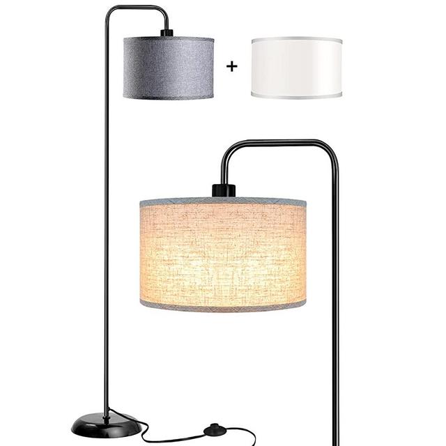 Qimh Floor Lamp for Living Room, Modern Standing Lamp with 2 Hanging Shades (Gray, White), Indoor Tall Pole Light Simple Floor Lamp with Foot Switch for Bedroom, Study Room-Black