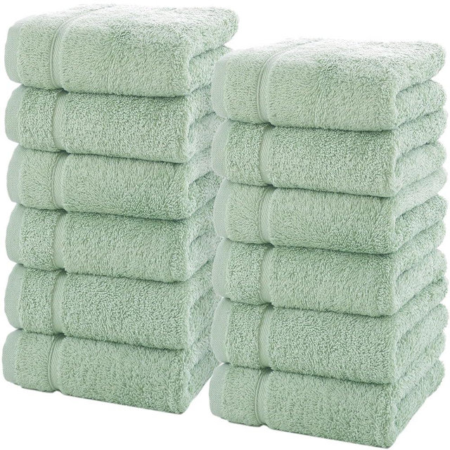 Hawmam Linen Luxury Cotton Washcloths 13x13 Inch - Large Hotel Spa Bathroom Face Towel | 12 Pack | Light Green