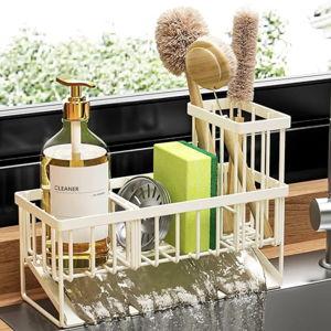 Cisily Off White Sponge Holder for Kitchen Sink, Sink Caddy Organizer with High Brush Holder, Kitchen Countertop Rustproof 304 Stainless Steel, Soap Dispenser Kitchen Organizers and Storage Essentials