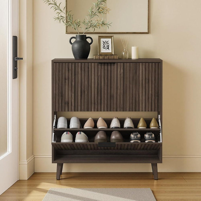 VASAGLE MAXE Collection - Shoe Storage Cabinet with 2 Flip Drawers, Freestanding Narrow Shoe Rack Organizer for Entryway, Fluted Doors, Fits 12-16 Pairs, Mid Century Modern, Walnut Brown UHSC202KF02S