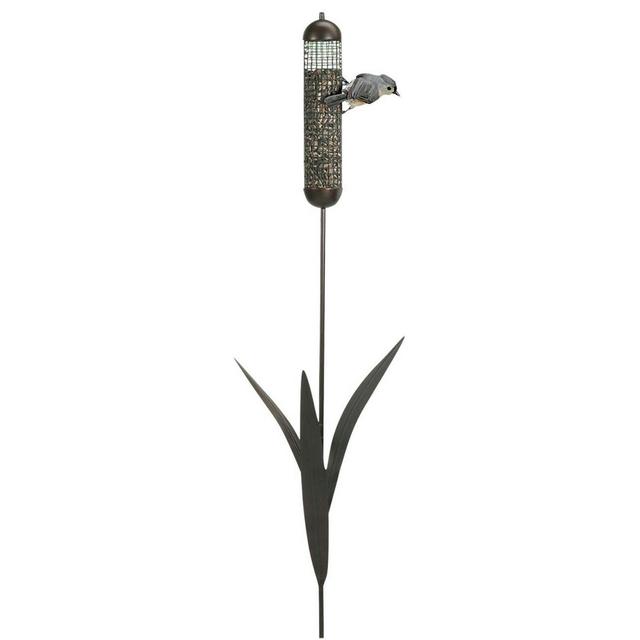 Woodlink 36 Inch Tall Portable Artistic Cattail Stake Bird Feeder with Metal Mesh Seed Cage for Backyards, Patios, Lawns, and Porches