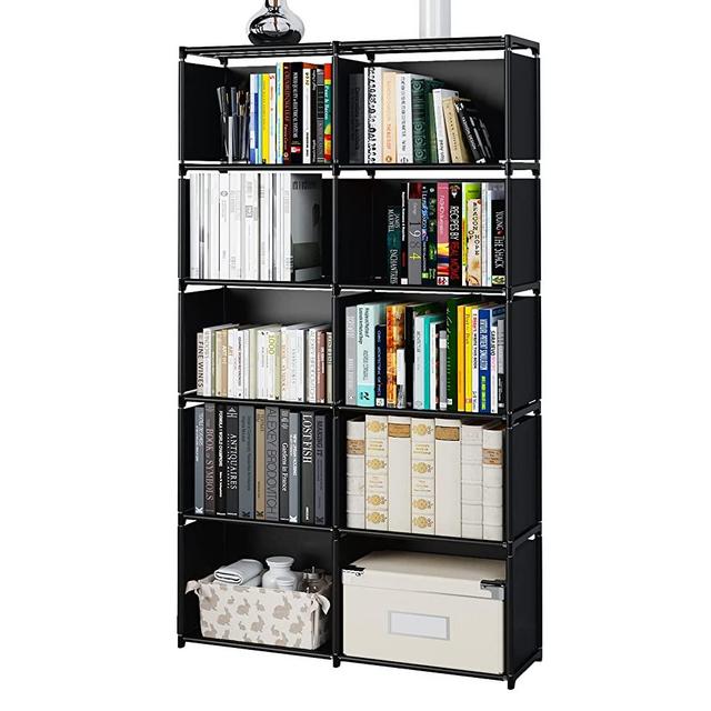 MOYIPIN Bookshelves, Assembled Storage Rack, Bedroom Living Room Vertical Cabinet Bookshelf, Double Row 10-Grid Multi-Functional Storage Equipment (Black)