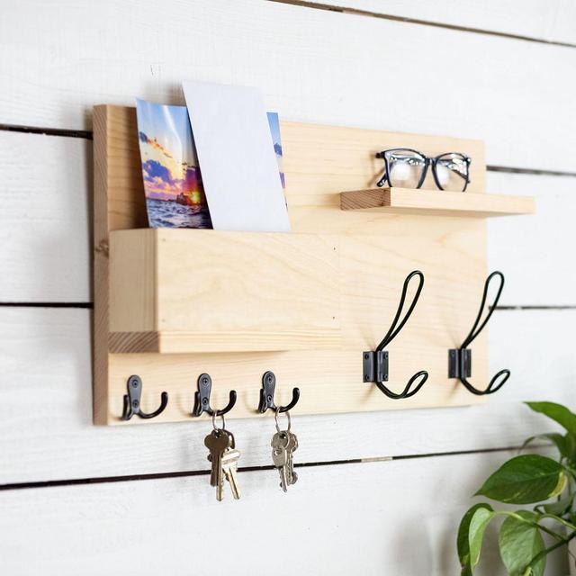 Solid Front Mail Holder with Coat Hooks, Natural
