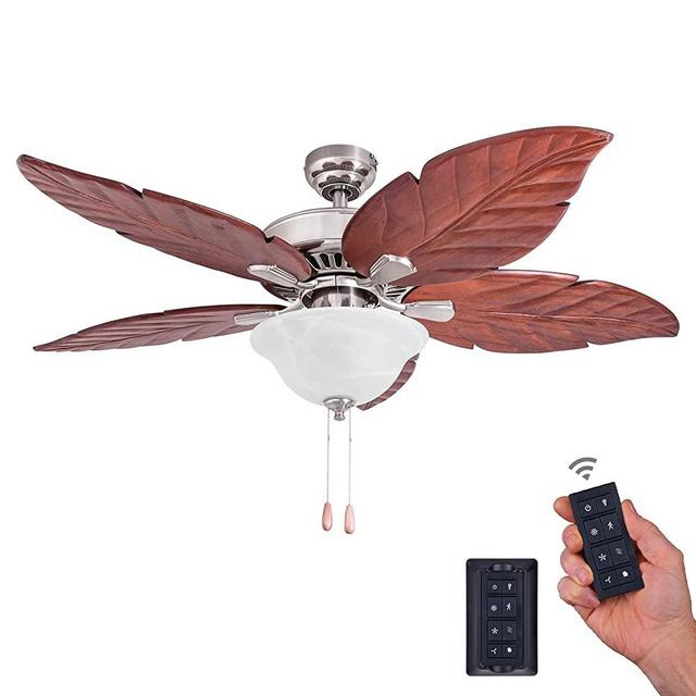 Prominence Home 50770-01 South Walton Tropical Ceiling Fan (3 Speed Remote), 52", Dark Cherry Hand Carved Wood, Brushed Nickel