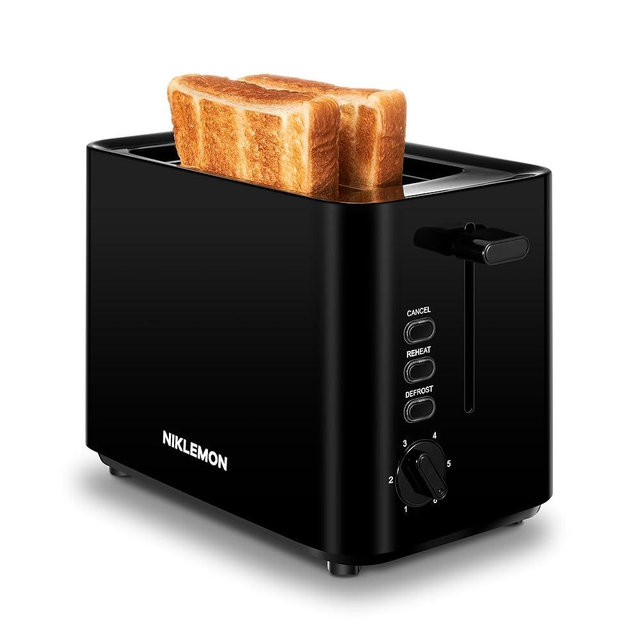 NIKLEMON Small Toaster 2 Slice, Mini Toaster with Wide Slots for Bagels,6 Browning Settings, Cancel/Defrost/Reheat Functions,for 10x10cm Bread,Black