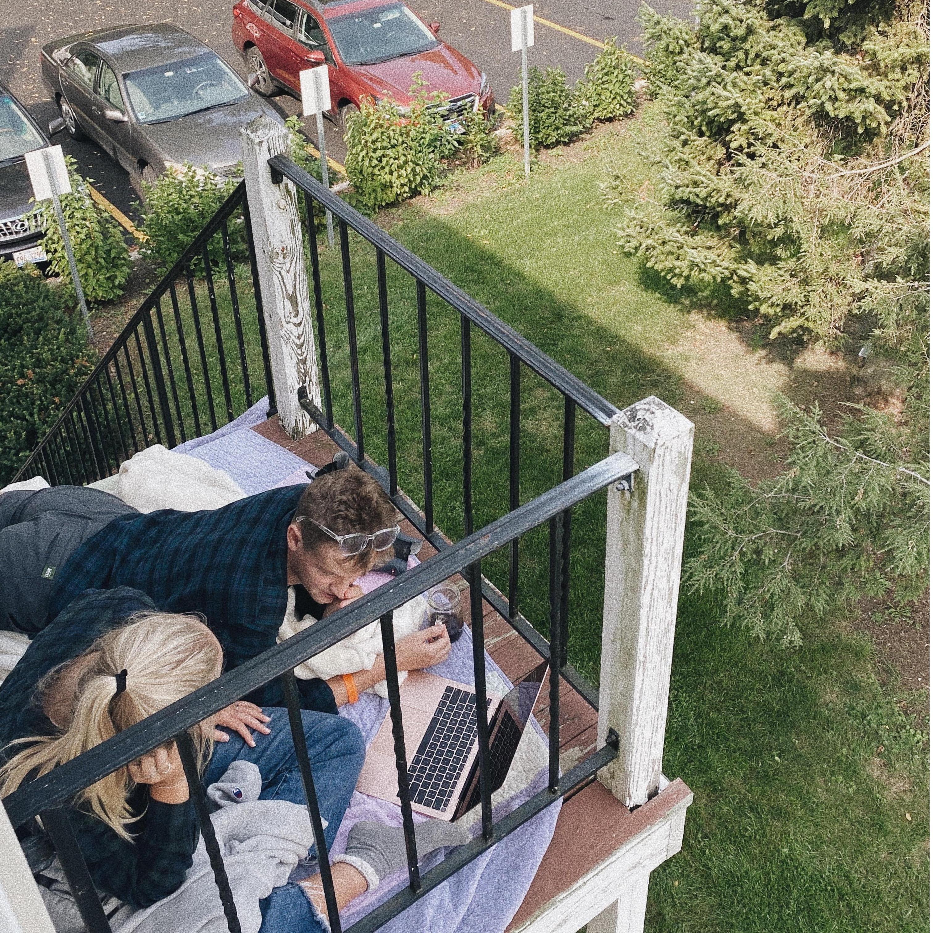Doing homework on Grace's fire escape at the "Dusty Nun", Grace's house senior year of College. 
circa. September 2020
Wheaton College, IL