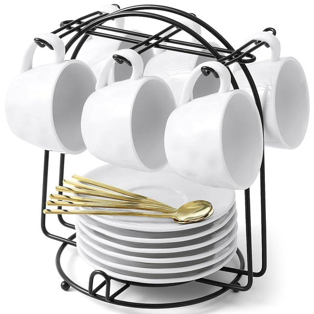 Yedio 4 oz Espresso Cups with Saucers and Metal Stand, Spoons, Porcelain Stackable Coffee Cups, Demitasse Cups, Perfect for Single or Double Espresso, Cappuccino, Latte and Tea - Set of 6, White