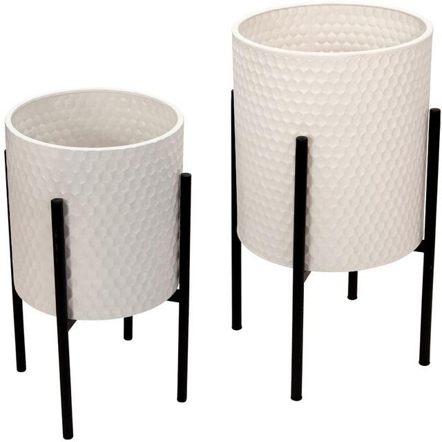Bella White Patterned Raised Planters with Black Stand, Set of 2