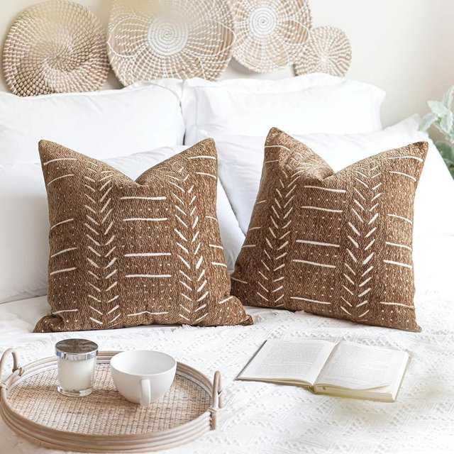 BlissBlush Fall Brown Decorative Throw Pillow Covers 22X22, Set of 2, Boho Farmhouse Cushion Cover, Cozy Soft Accent Pillowcase for Couch Sofa Bed Living Room Home Décor