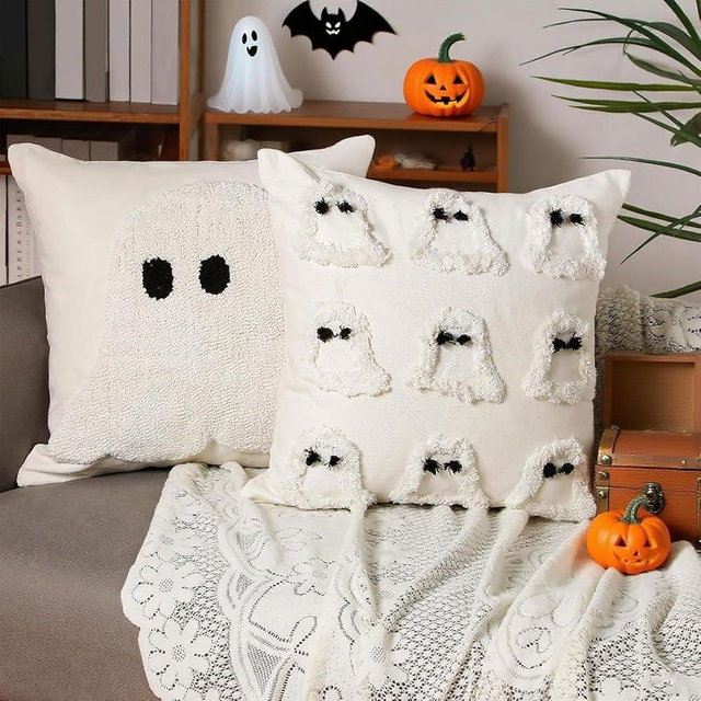 Beeveer 2 Pcs Halloween Pillow Covers 18x18 Inch White Ghost Throw Pillow Cases, Halloween Decorations Spooky Cushion Cover Gothic Couch Case for Holiday Fall Home Living Room Sofa Bed Indoor Outdoor
