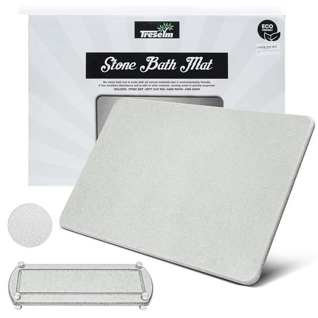 TRESELM - Stone Bath Mat with Caddy, Stone Bathroom Mat Quick Drying Bathroom Stone Mat, Natural, Easy to Clean, (23.62x15.35 Light Grey)