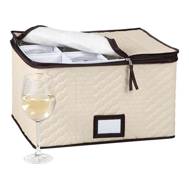 Stemware Storage Case - For Wine Glasses and Glassware - Holds 12 Glasses - Wine Glass Box Protects Champagne Flutes and Fine China - Durable Quilted Microfiber Bin with Dividers and Carry Handles