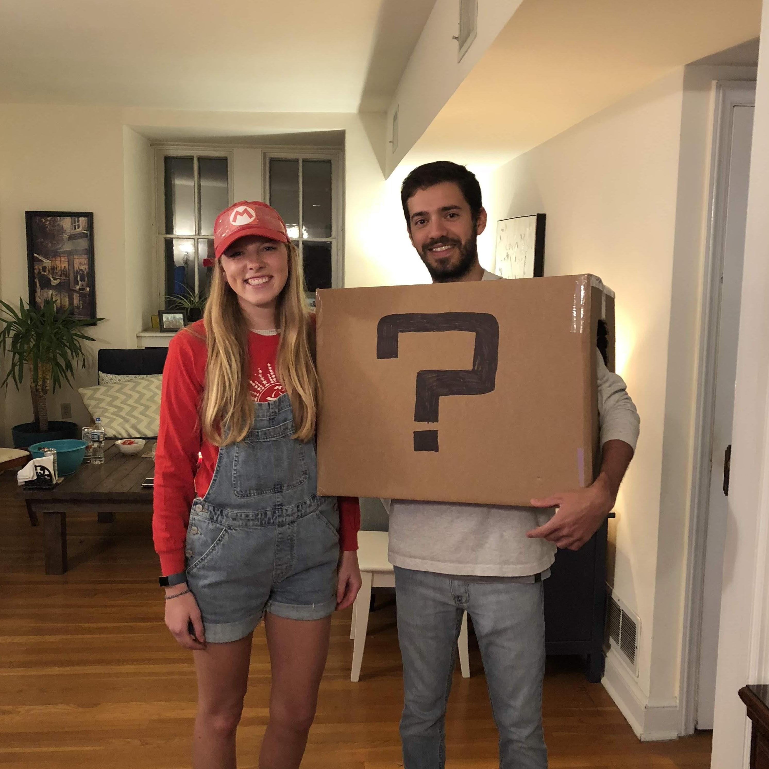 Our first Halloween, Laurel as Mario, Matteo as a box