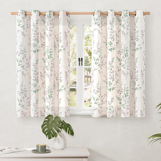 BGment Short Linen Curtains for Small Window 54 Inch Length 2 Panels, Boho Light Filtering Privacy Curtains for Farmhouse Bedroom Basement Bathroom, Cottage Leaf Design, Each 52 Inch Wide, Grass Green