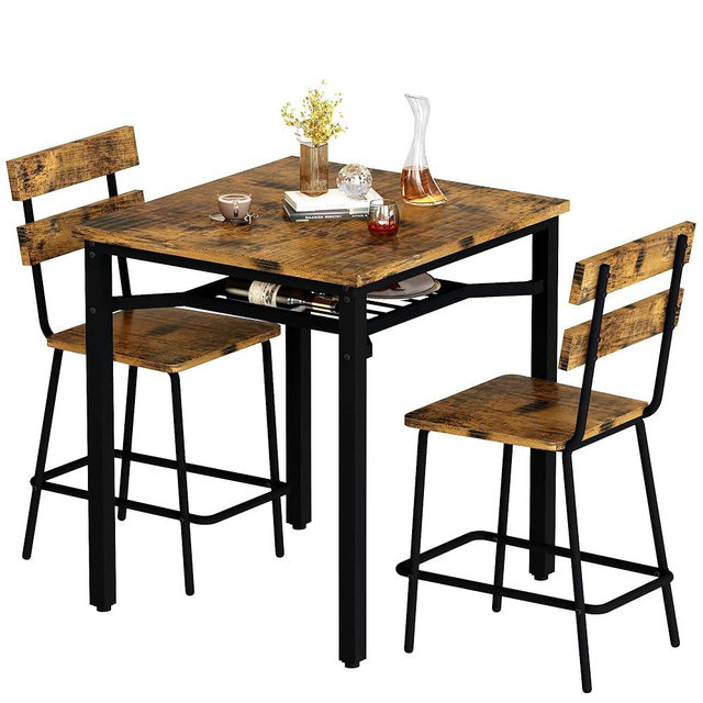 Hooseng 3 Piece Bar Table and Chairs Set, Counter Height Small Dining Table with 2 Bar Stools, Farmhouse Square Kitchen Table with Storage for Bistro, Pub, Small Space