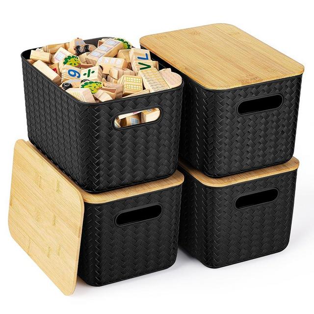 4 Packs Storage Bins with Bamboo Lids - Plastic Storage Containers with Lids Stackable Storage Box: Storage Baskets for Organizing Desktop Closet Playroom Classroom Office, Black