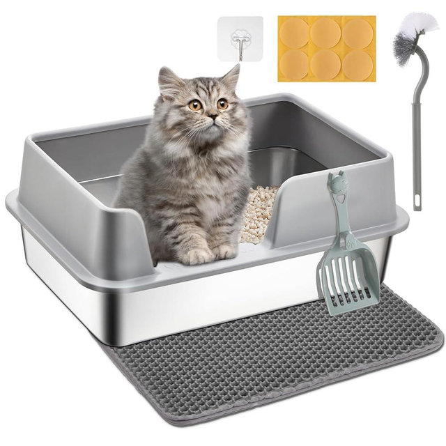 Papettly Stainless Steel Litter Box - Cat Metal Litter Box with Splash-Proof Lid, Easy Cleaning & Odor-Less with Double Layer Litter Mat, Litter Scoop, Brush, 20” x14”