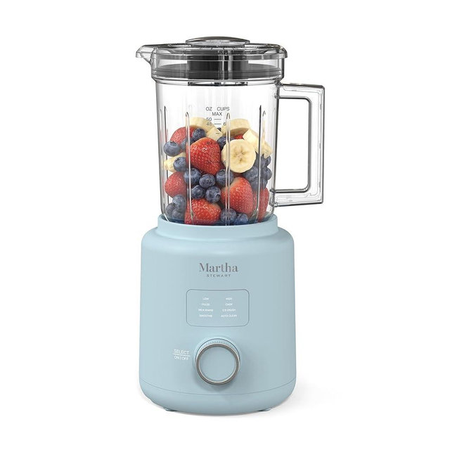 Martha Stewart 50oz Countertop Blender, Smoothie, Margarita & Ice Crushing Blender, BPA-Free Pitcher, 3 Speeds, 5 Presets, Auto-Clean Function, Dishwasher Safe, Stainless Steel Blades, Sky Blue
