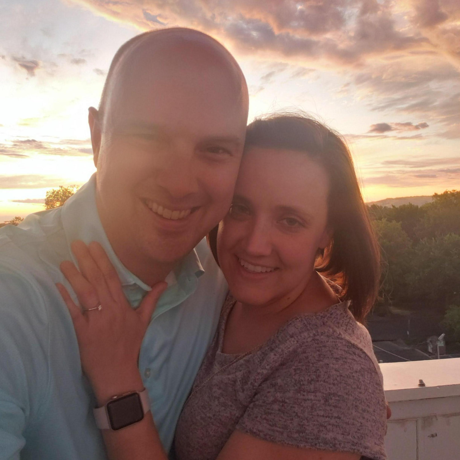Our proposal up in the bell tower at sunset.