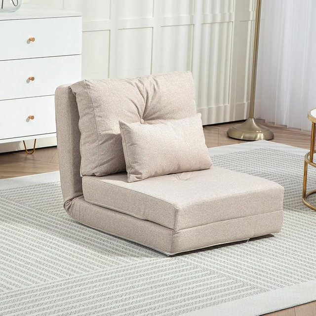 HOMCOM Convertible Flip Chair, Floor Lazy Sofa, Folding Upholstered Couch Bed with Adjustable Backrest, Metal Frame and Pillows for Living Room Bedroom, Beige