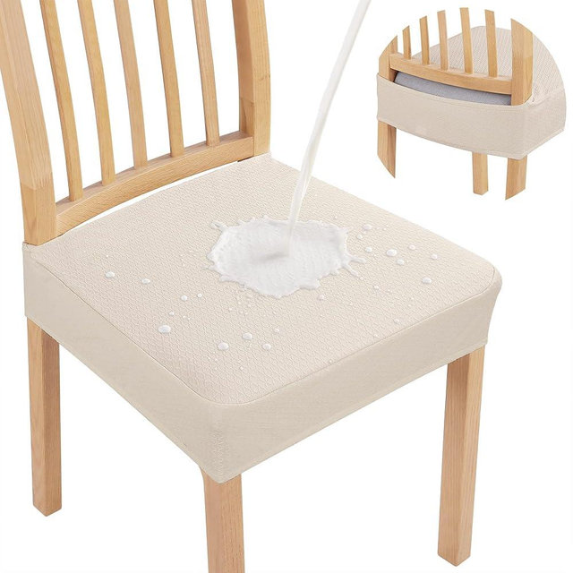 Smiry Waterproof Seat Covers for Dining Room Chairs Set of 6, Stretch Jacquard Removable Washable Chair Seat Slipcovers Protector, No Rear Covers, Beige