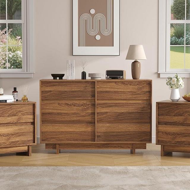 SINROM 3-Piece Bedroom Dresser Set, Walnut 6 Drawer Dresser and Nightstands Set of 2, Mid Century Modern Chest of Drawers and Night Stands, 3 Pcs Bedroom Furniture Set