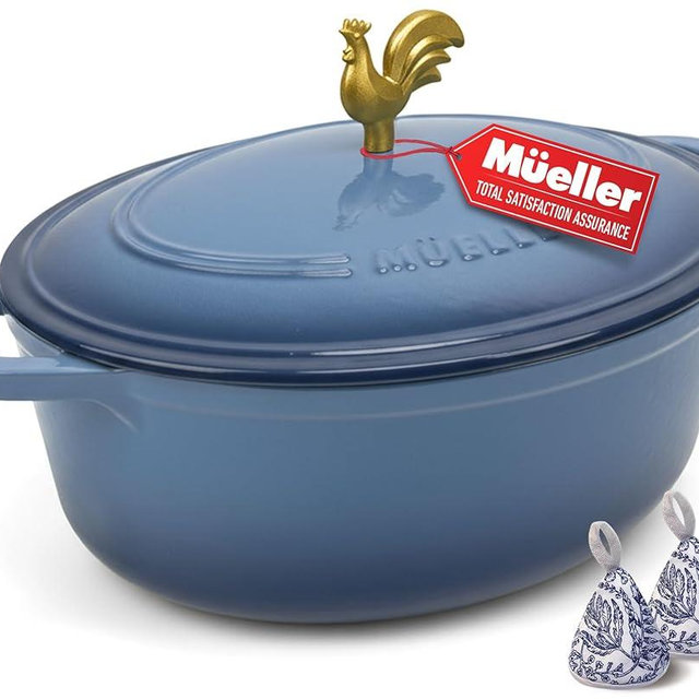 MUELLER HOME 5.5 Quart Enameled Cast Iron Oval Dutch Oven w Rooster Knob & Cotton Potholders, Heavy-Duty Cookware, Oven-Safe up to 500° F & Across All Cooktops, Gifts for Grandma & Women, Mineral Blue