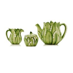 Lily Of The Valley Ceramic Teapot, Cream, and Sugar Set