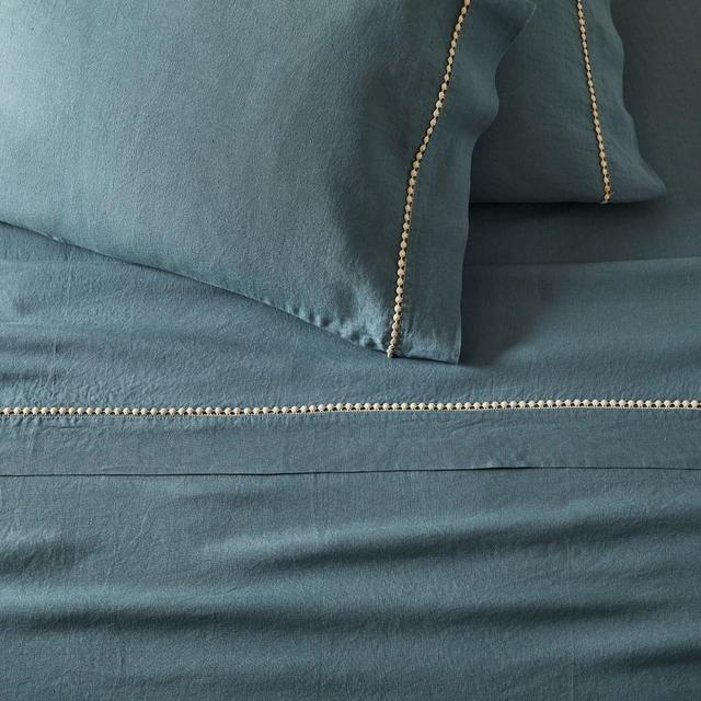 European Flax Linen Pom Pom Sheet Set, Standard Pillowcase, Set of 2, Ocean