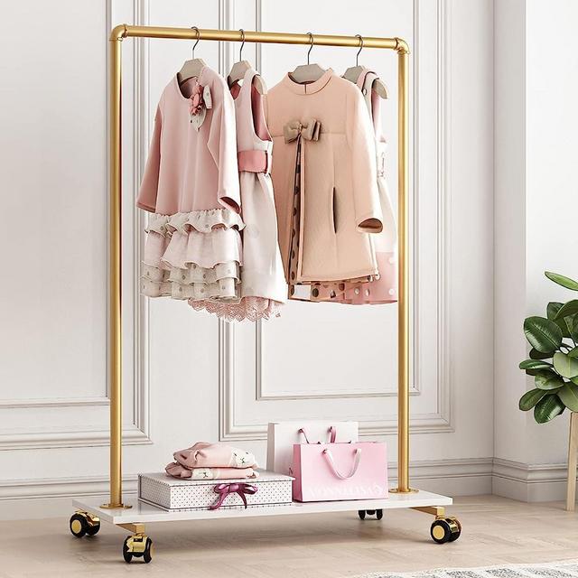 FONECHIN Gold Metal Clothing Rack with Wood Shelf, Heavy Duty Rolling Garment Rack with Wheels for Bedroom Retail Boutique Use (37.4L inches)