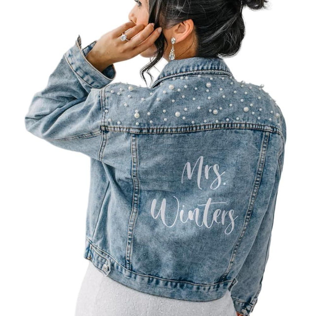 YANGCUSDOM Custom Embroidered Bridal Denim Jacket, Women's Pearl Denim Jacket with Name,Made of Embroidery,Suitable for Bachelorette Party, Wedding,Honeymoon, Bridal Shower, Wedding Gift, Bridal Gift