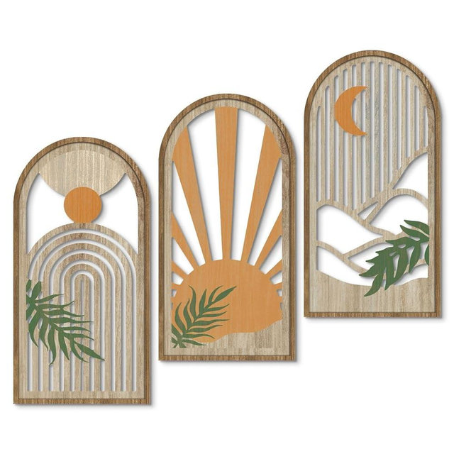 Putuo Decor Boho Plant Wall Art, Wood Modern Minimalist Wall Decor, Abstract Sun Inspired Room Decorations 16x8 In Mid Century Artwork for Living Room Bedroom Office in Sunrise Earthtone Set of 3