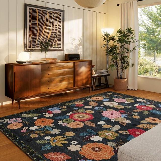 Washable Area Rugs for Living Room: 6x9 Bedroom Rug Vintage Floral Large Rug Stain Resistant Non Slip Low Pile Faux Wool Soft Rugs for Entryway Dining Room Bedside Kitchen Nursery Home