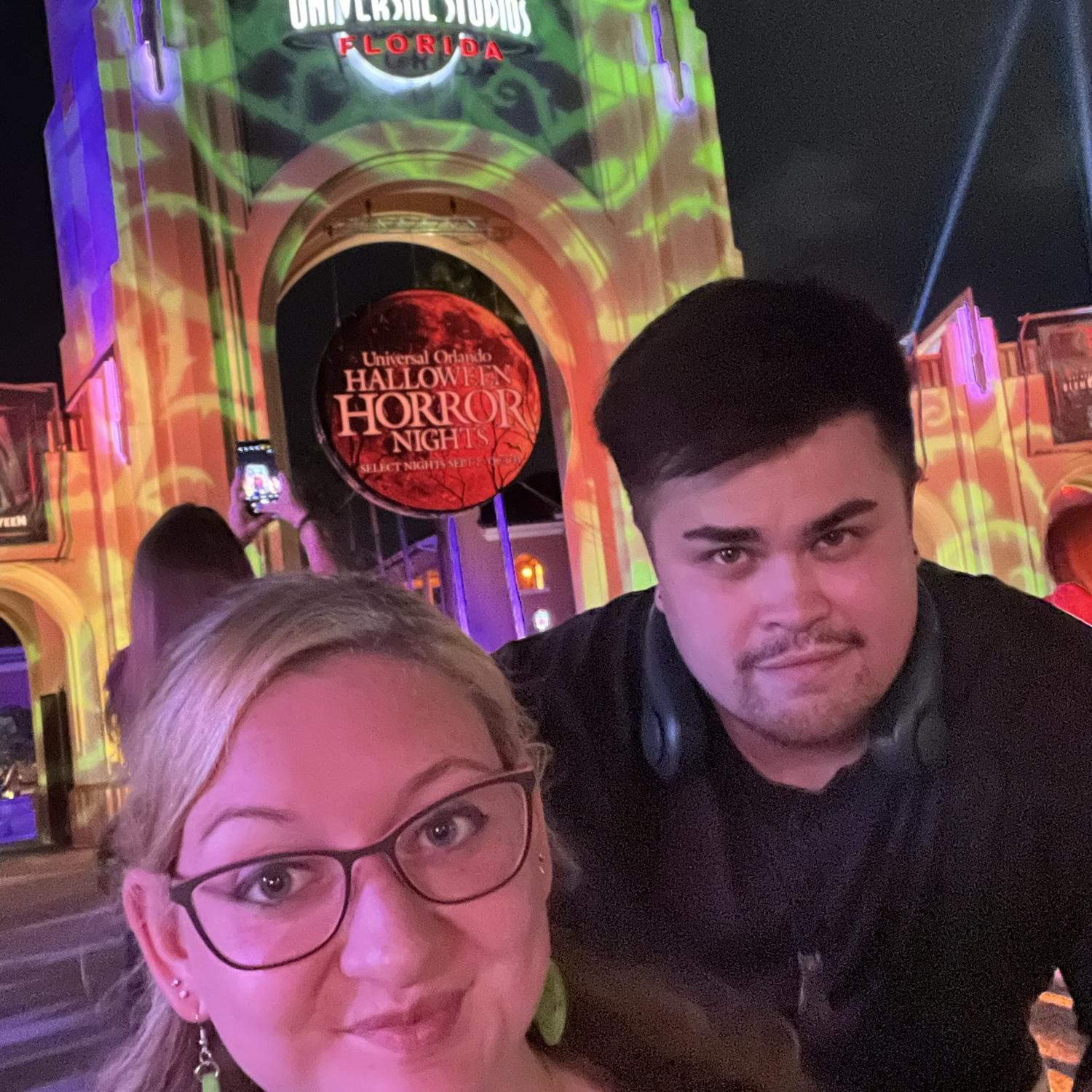 One of the many times Bierley had to push Morgan in a wheelchair through Halloween Horror Nights