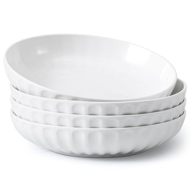 DOWAN Pasta Bowls, 10" Large Salad Serving Bowls 51 OZ White Ceramic Soup Bowls Set of 4 Wide and Shallow Plate Bowl Serving Dish for Soup, Pasta, Noodle, Dinner, Microwave & Dishwasher Safe