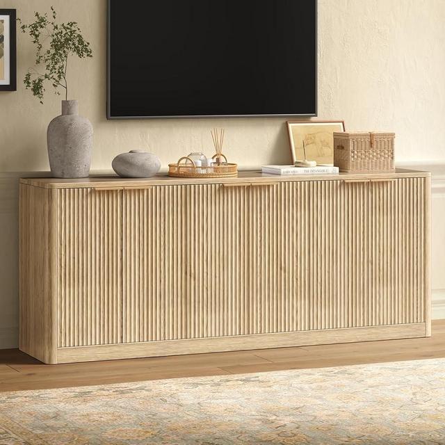 Evermagin 67" Oak Fluted TV Stand for TVs up to 75", Mid-Century Modern Entertainment Center with Storage Cabinets and 6 Doors, Wood Media TV Consoles for Living Room and Bedroom