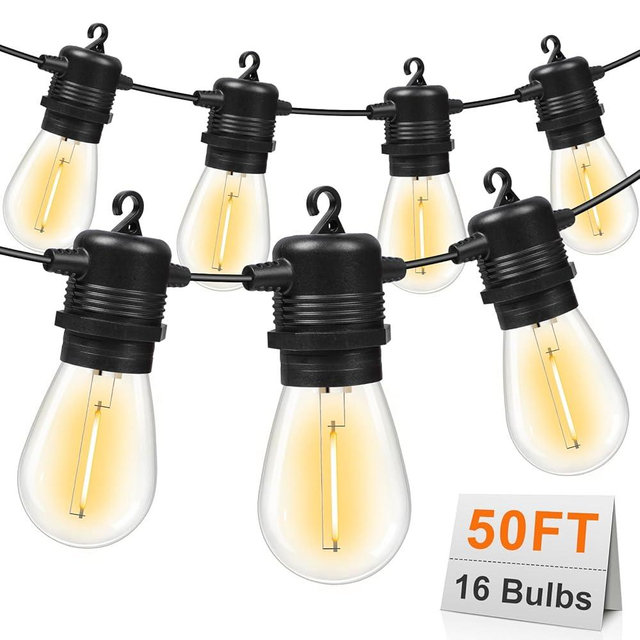 GvvooHome 50FT LED Outdoor String Lights with 15+1 Vintage Shatterproof Waterproof S14 Bulbs, 2700K Commercial Grade Patio Lights, Outside Hanging Lights for Garden Porch Deck Decor