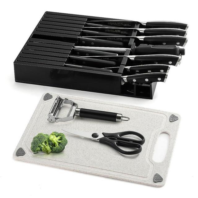 grilljoy Premium 17PCS Black Kitchen Knife Set with In Drawer Knife Block - High Carbon Stainless Steel- Includes Knife Sharpener, Multiple Knives, and Cutting Board,All-In-1 Knife Set with Block