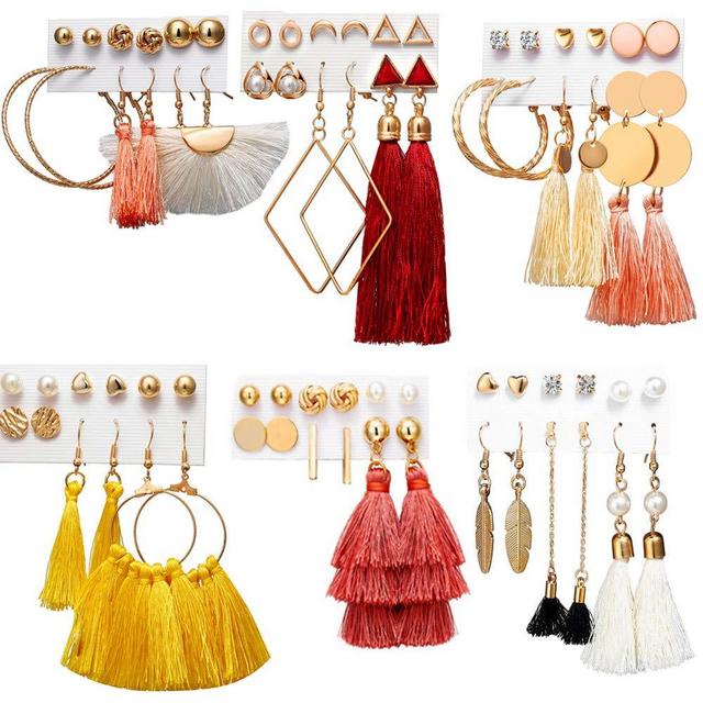 36 Pairs Colorful Tassel Earrings Long Layered Earrings Fashion Fringe Hoop Earring Drop Earrings Bohemian Stud Pearl Earring for Women Birthday Party Gift