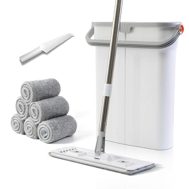 Mop and Bucket Set with Wringer Flat Mop Bucket System for Home Floor Cleaning,6 Reusable Microfiber Pads,Extended Stainless Steel Handle,Ideal for Hardwood,Wood,Laminate Floors,and Bathroom Mop
