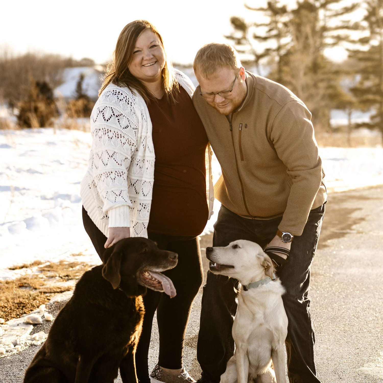 Steven, Jenna, Luke (Chocolate lab), Harvey (Yellow Lab)