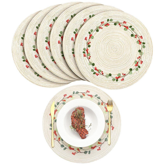 Buryeah 12 Set Christmas Round Placemats Washable 15 Inch Woven Placemats Embroidered Applique Place Mats Christmas Decorations for Winter Holiday Kitchen Dining Table (Berry)