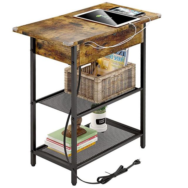 Sofa Side Table with USB Ports and Outlets, Narrow End Table with Storage Shelf for Small Spaces Bedside Nightstand with Charging Station for Living Room, Bedroom, Brown