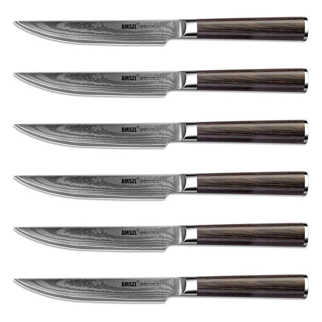 AMSZL Steak Knives - Set of 6 - Damascus - 5.5" - Japanese VG10 Core Steel Forged Straight Edge - Pakka Handle - Gift Box