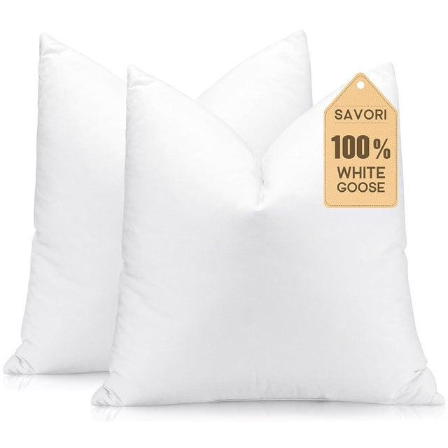 SAVORI Set of 2 Down and Feather Throw Pillow Inserts 24x24 Soft Fluffy Pillow Inserts with 100% Down-proof Cotton Cover, Decorative Square Cushion Inner for Sofa Couch Bed-White