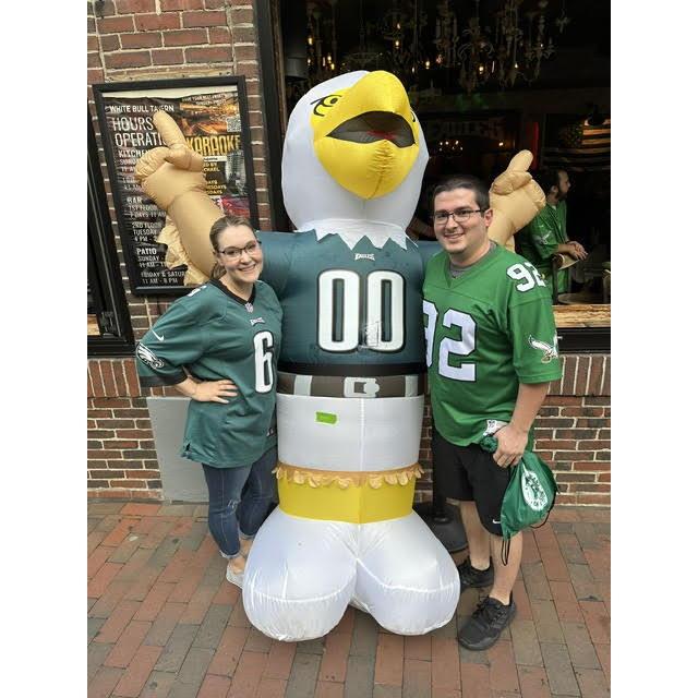 Jenica has now converted and has become a true Eagles fan.  This is from the White Bull Tavern; a bar they frequented in Boston which only allowed Eagles fans in to watch games.