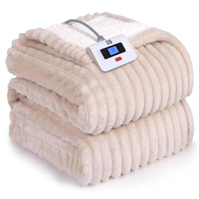 Sealy Electric Blanket Full Size, Soft Ribbed Flannel to Sherpa Reversible Heated Blanket with 10 Heat Settings & 1-12 Hours Auto-Off Overheat Protection, Machine Washable, 72"x84" Beige