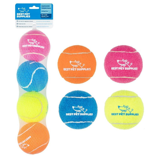 Best Pet Supplies Interactive Squeaky Dog Chew Toy, Ideal Dog Toys for Chewers, Small, Medium & Large Dogs, and Fetch Lovers - Tennis (Assorted Color), Large (Pack of 4)