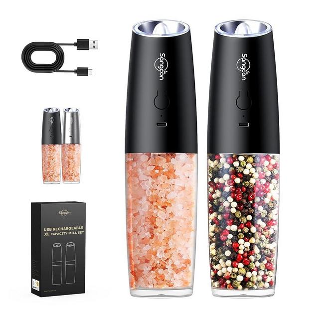 𝐔𝐩𝐠𝐫𝐚𝐝𝐞𝐝 Rechargeable 9oz Sangcon Gravity Electric Salt and Pepper Grinder Set - XL Capacity -No Battery Needed - LED Light One Hand Operation, Adjustable Coarseness Automatic Mill Shakers