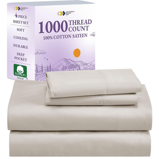 California Design Den Luxury Beige Sheets King Size Set - 1000 Thread Count, 100% Cotton Sateen - Soft, Cool and Thick - Beige